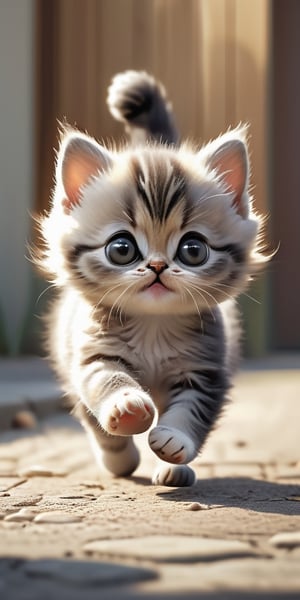 black eyes, no humans, animal, little cat, realistic, animal focus,full body,play a ball,very cute,big eyes, a little fat,very happy,running