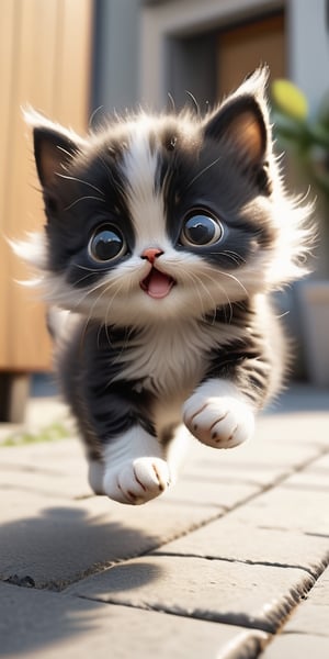 black eyes, no humans, animal, little cat, realistic, animal focus,full body,Jump up and grab something,very cute,big eyes, a little fat,very happy
