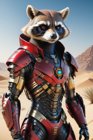 A red and gold cyborg racoon stood at desert, looking moody and thoughtful, Look thinner, electronic circuitry, 16k, high detail,cyborg style,mecha,cyberpunk style
