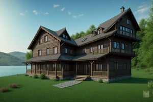 Turkey, green nature view in the Black Sea, an old but beautiful wooden house around a magnificent lake, high quality, ultra realistic