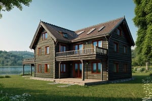 Turkey, green nature view in the Black Sea, an old but beautiful wooden house around a magnificent lake, high quality, ultra realistic