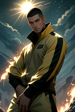 solar flare, man, in the universe, buzz cut, masculine, tracksuit, HIGHLY DETAILED cg, realistic, highres, best quality, loid_forger,<lora:659111690174031528:1.0>