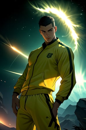 solar flare, man, in the universe, buzz cut, masculine, tracksuit, HIGHLY DETAILED cg, realistic, highres, best quality, loid_forger,<lora:659111690174031528:1.0>