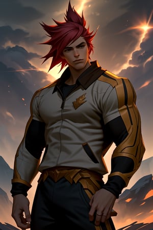 solar flare, man, in the universe, buzz cut, masculine, tracksuit, HIGHLY DETAILED cg, realistic, highres, best quality, League of Legends,  Sett,<lora:659111690174031528:1.0>