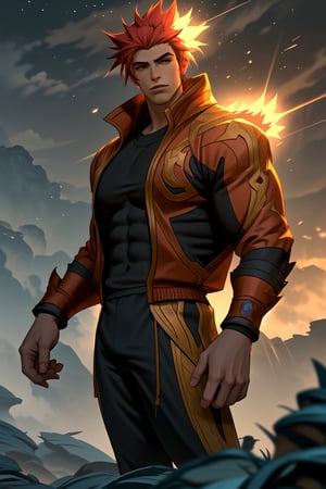 solar flare, man, in the universe, buzz cut, masculine, tracksuit, HIGHLY DETAILED cg, realistic, highres, best quality, League of Legends,  Sett,<lora:659111690174031528:1.0>