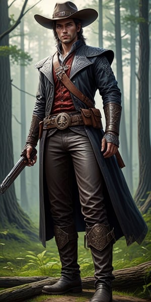 Natural Light, (Best Quality, highly detailed, Masterpiece), (beautiful and detailed eyes), (realistic detailed skin texture), (detailed hair), (Fantasy aesthetic style), (realistic light and shadow), (real and delicate background), ((cowboy shot)), (from high),8k, High quavolity, fantasy steamPunk, On a forest path, Hanter with crossbow on the forest path on the chest of a proud figure, exposed strands of dark brown hair to the wind with pleasure, slanted brown asiatic eyes, tanned skin, wide cheekbones, a triangular chin, lush sideburns, a thick mustache,
short chain mail with chain shoulder pads on wich lucky clover pattern, a short narrow blade with a rich gard hilt on the side, a curved dagger on the other side of the belt. Dirty grey velvety pants with a pistol hip holster. high leather boots, knee pads with cross embossing. creature glowing grey clouds float on the dark sky with Moon shadows in clouds, wood with clouds float on the gloomly sky shadows of moonset,
 highly detailed, extremely high quality image, HDR, fantasy, photo Centered on visor, Complex Details Showing Unique and Enchanting Elements, Very Detailed Digital Painting, Dramatic Lighting, Very Realistic,, with a red sash, stands confidently in a beautiful 
forest landscape.