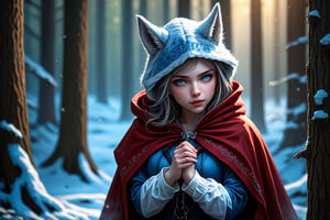 Natural Light, Best Quality, full body, Masterpiece,  (Fantasy aesthetic style), (realistic light and shadow), (real and delicate background), (from high), IrishlacePunk, two hugging a 18 old Red Riding Hood kisses on the black nose of the werewolf whose blue eyes sparkle with the ice blue flame of a star, highly detailed, extremely high quality image, HDR, fantasy, Complex Details Showing Unique and Enchanting Elements, Very Detailed Digital Painting, Dramatic Lighting, Very Realistic, in a beautiful 
forest landscape.