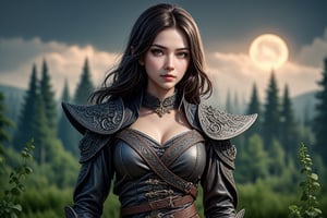 Natural Light, (Best Quality, highly detailed, Masterpiece), (beautiful and detailed eyes), (realistic detailed skin texture), (detailed hair), (Fantasy aesthetic style), (realistic light and shadow), (real and delicate background), (from high),8k, High quavolity, fantasy IrishlacePunk, On a forest path, Hanter with Winchester pointing shoots in viewer on the forest path on the chest of a proud figure, exposed strands of dark brown hair to the wind with pleasure, slanted brown asiatic eyes, tanned skin, wide cheekbones, a triangular chin, lush sideburns, a thick mustache,
short chain mail with chain shoulder pads on wich lucky clover pattern, a short narrow blade with a rich gard hilt on the side, a curved dagger on the other side of the belt. Dirty grey velvety pants with a pistol hip holster. high leather boots, knee pads with cross embossing. creature glowing grey clouds float on the dark sky with Moon shadows in clouds, wood with clouds float on the gloomly sky shadows of moonset,
 highly detailed, extremely high quality image, HDR, fantasy, photo Centered on visor, Complex Details Showing Unique and Enchanting Elements, Very Detailed Digital Painting, Dramatic Lighting, Very Realistic, in a beautiful 
forest landscape.