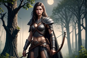 Natural Light, Best Quality, full body, highly detailed, Masterpiece,  (Fantasy aesthetic style), (realistic light and shadow), (real and delicate background), (from high), IrishPunk, On a forest path Hanter with archers shoots at the viewer and back jamps, of a proud figure, exposed strands of dark brown hair to the wind with pleasure, slanted brown asiatic eyes, tanned skin, wide cheekbones, a triangular chin, lush sideburns, a thick mustache, (beautiful and detailed eyes), (realistic detailed skin texture), (detailed hair),
short chain mail with chain shoulder pads on wich lucky clover pattern, a short narrow blade with a rich gard hilt on the side, a curved dagger on the other side of the belt. Dirty grey velvety pants with a pistol hip holster. high leather boots, knee pads with cross embossing. creature glowing grey clouds float on the dark sky with Moon shadows in clouds, wood with clouds float on the gloomly sky shadows of moonset,
 highly detailed, extremely high quality image, HDR, fantasy, Complex Details Showing Unique and Enchanting Elements, Very Detailed Digital Painting, Dramatic Lighting, Very Realistic, in a beautiful 
forest landscape.