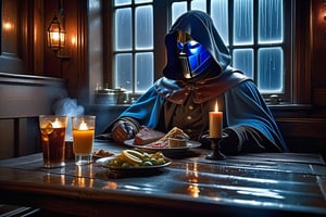 Ultra-high quality, extremely detailed, photography, glooming fantasy post-apocaliptic,  the through the rain
 outside a muted glass of the window, with dim evening backlight and smog in old tavern,
 human with hidden face by a  of plasma bubble of glowing neon blue flickering light under the deep hood of a dark cloak cape sitting at the table with a plate of food and revolver and pump shotgun,
 realistic detailed skin texture,  (full body), giper deteiled, cinematic realism. highly detailed, extremely high quality image, HDR, Complex Details Showing Unique and Enchanting Elements, Very Detailed Digital Painting, Dramatic Lighting, Very Realistic, real photo quality, depth of field, 16K resolution, REALISTIC, Masterpiece, photorealistic,DonMW15pXL