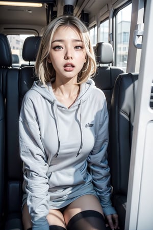 full_body,girl,16K,solo,long eyelashes,moaning or panting face,grey hair,blonde hair,hoodie, white_thighhighs,looking at viewer,eye looking up,ahegao,Cross-eyed, one mole under eye,embarrassed , inside bus back seat