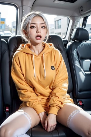full_body,girl,16K,solo,long eyelashes,moaning or panting face,white hair,high ponytal,orange hoodie, white_thighhighs,looking at viewer,eye looking up,ahegao,Cross-eyed, one mole under eye,embarrassed , inside bus back seat