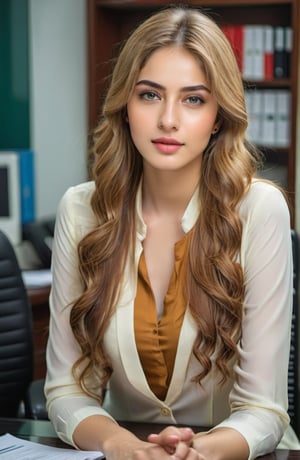 a digital portrait of a naturally beautiful young girl, 25 years blonde with a complexion reminiscent of pure porcelain, fullly matured. sitting on office desk in meeting
, full size photo, 
,Pakistani Model