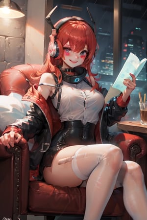 A picture of a sexy girl sitting on the chair, and reading a book. She is seated facing the table, there is a cup of coffee on the table and a plasma lamp. The girl is wearing a high collar jacket and high end headphones. She is smiling like she is happy. On the back you can see through the window, its raining and it night. high quality, 4k,sexy