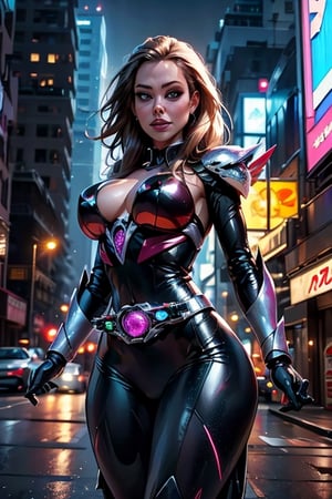 Angelina Jolie in a mecha suit armor, unmasked, sexy face, hyper HD, 4K, where neon lights illuminate the night, the iconic figure of Kamen Rider emerges. Her hyper-realistic appearance, captured in stunning 4K definition, leaves the crowd in awe. Witness the famous scenes of this mechanical marvel in action, as she defends against the darkness that threatens humanity, her hyper-detailed armor gleaming under the city lights.