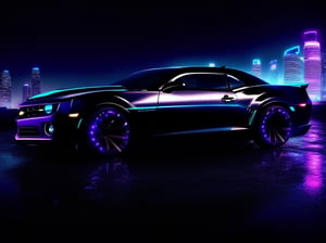 45 degree view of an black Chevrolet Camaro, muscle car, lights turned on, chrome wheels, night vision, wet, raining, ground with water reflections, background is a skyline with huge skyscrapers, futuristic,  (color:black,blue,cyan,purple), 3k, extreme details, neon lights, photorealistic