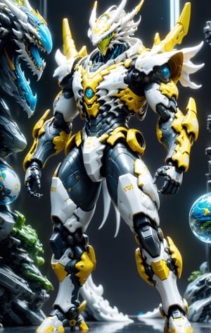 An cute white dragon   Robot Mecha Soldier, slime Agile Anthropomorphic Figure, Wearing Futuristic blue and yellow Soldier Armor and Weapons, Reflection Mapping, Realistic Figure, Hyper Detailed, Cinematic Lighting Photography, 32k UHD