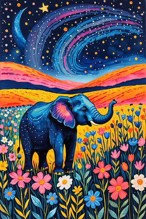 A serene nighttime landscape with a dark grey tabby elephant with white base sitting amidst a vibrant field of flowers. The elephant is positioned towards the left side of the image, gazing upwards. The sky above is painted in deep blue hues, dotted with numerous white specks, representing stars. The horizon showcases a gentle slope, transitioning from the night sky to a warm orange, possibly indicating a sunset or sunrise. The field is teeming with a variety of flowers in shades of pink, blue, and yellow, with intricate details and patterns on each bloom.