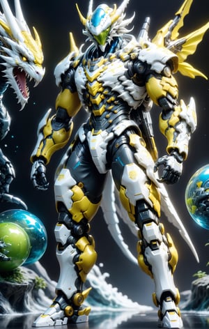 An cute white dragon   Robot Mecha Soldier, slime Agile Anthropomorphic Figure, Wearing Futuristic blue and yellow Soldier Armor and Weapons, Reflection Mapping, Realistic Figure, Hyper Detailed, Cinematic Lighting Photography, 32k UHD