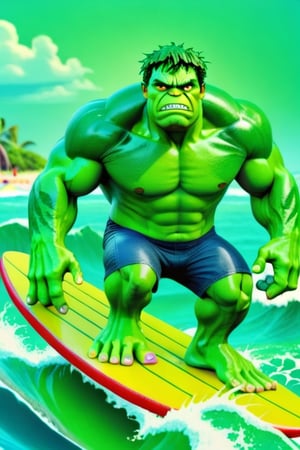  The hulk on a surfboard, in the ocean. Angry, detailed, 4k