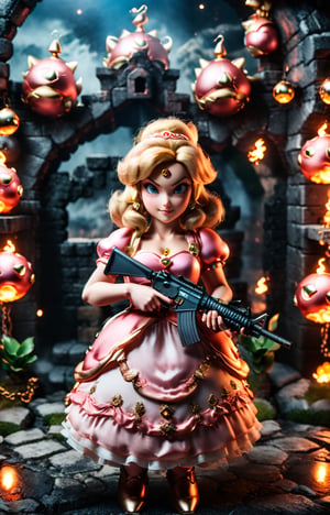((hyperrealistic)) cinematic photo of cute Princess Peach from Super Mario Brothers with Assault Rifle, action scene in bowsers castle, lava balls,
35mm photograph, film, bokeh, professional, 4k, highly detailed, 