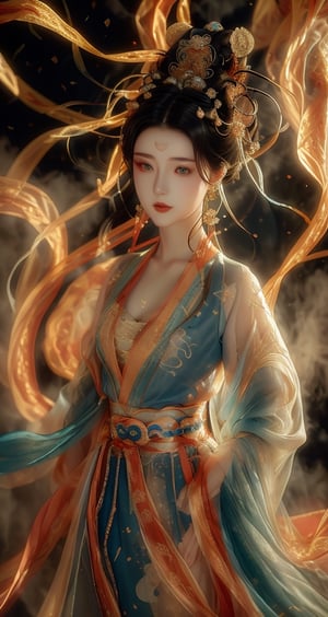 The background is midnight sky,big moon,dark night, 16 yo, 1 girl, xianxia, chinese myth, ethereal, immortal, ancient chinese buiding, above cloud,beautiful hanfu(transparent), cloth blowing in wind, solo, {beautiful and detailed eyes}, calm expression, natural and soft light, delicate facial features, cute japanese idol, very small earrings, ((model pose)), Glamor body type, (dark hair:1.2),  beehive,big bun,very_long_hair, hair past hip, curly hair, flim grain, realhands, masterpiece, Best Quality, photorealistic, ultra-detailed, finely detailed, high resolution, perfect dynamic composition, beautiful detailed eyes, eye smile,Fairy in Clouds,dunhuang_cloths