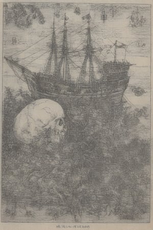 The skull was as big as a sailing ship. Submerged in the deep crystal clear sea with a shipwreck. on corals and various marine animals ,  ultra sharp ,  illustration,Ukiyo-e