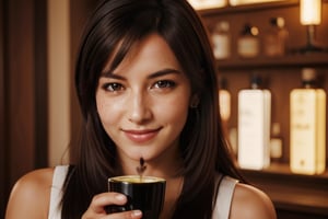 Tifa, timid smile, 30 years old, Final Fantasy, Seventh Heaven bar, holding a small coffee cup, morning, perfect lightning, skin imperfections, moles, scne, spots, ftifa, large beautiful detailed red eyes, detailed skin, photorealistic, close portrait, best detailed, realist skin