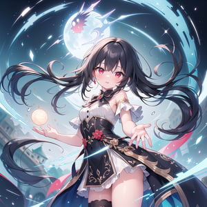 magic Girl with Doubletail blackhair and red eyes