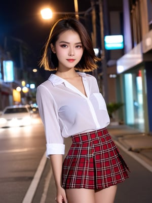 35 y.o Malaysian girl,(highly clear face,very cute,Extremely cure beauty,Sexy self-confidence,proud and independent,Clear perfect eyes,phenomenal aesthetic,Amazing photos),Cinematic Lighting,narrow_waist,slender face,skinny,street at night,red plaid pleated skirt,short hair,(sexy transparent white shirt:1.1),wind,