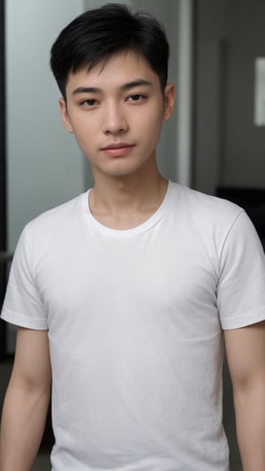 Chinese male in malaysia, 40yo. bright honey eyes with normal size, full lips, long eyelashes, black,undercut,side part and gelled hair,Immunonutritionist, soul,spiritual mentor, White T-Shirt