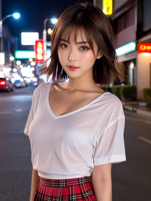35 y.o Japanese girl,(highly clear face,very cute,Extremely cure beauty,Sexy self-confidence,proud and independent,Clear perfect eyes,phenomenal aesthetic,Amazing photos),Cinematic Lighting,narrow_waist,slender face,skinny,street at night,red plaid pleated skirt,short hair,(sexy transparent white shirt:1.1),wind,