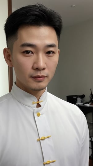 Chinese guy in malaysia,40 years old,bright honey eyes with normal size,full lips,long eyelashes,black,undercut,side part and gelled hair, Immunonutritionist,soul,spiritual_mentor,Traditional Tang Suit
