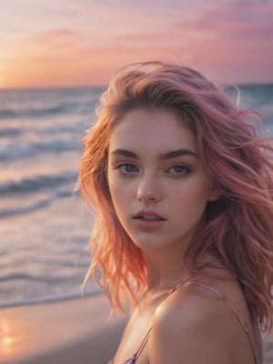 xxmix_girl 1 girl, beach sunset detailed, (lofi, analog, motion blur ) by Brandon Woelfel,xxmix_girl,LinkGirl,xxmixgirl,3d style