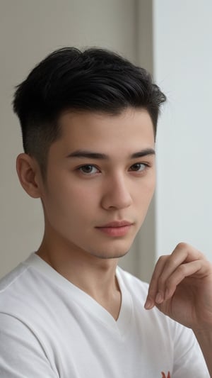Chinese male in malaysia,40 years old.bright honey eyes with normal size,full lips,long eyelashes,black,undercut,side part and gelled hair,Immunonutritionist, soul,spiritual mentor, white T-Shirt, hand_raised
