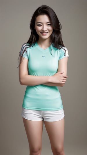 a highly detailed portrait of a stunningly beautiful 25 years old Kim Jiwon in a tight and form fitting volleyball shirt and mini-shorts. Long burnt-cyan hair blowing in the wind. Month smiling wide with joy. Leaning forward towards the camera with (((arms crossed playfully behind her back))). Free-spirited persona. Looking directly to the camera. 1girl.