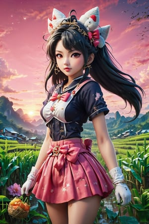 3D anime style, showcasing a vibrant and youthful Chinese woman in her early twenties, characterized by her attractiveness and playful charm. She has a prominent chest, and her shirt is unbuttoned, revealing her upper body. She is wearing a skirt, blond hair, gloves, bow, jewelry, and a sailor collar with a star symbol. The scene is slightly blurry, emphasizing her black bow, lips, and red skirt. She embodies a magical girl aesthetic with a tiara and circlet, appearing realistic with star-shaped earrings.

In the image, she is depicted working in a rice paddy, holding a sickle to harvest rice, with a background of lush green rice fields under a pink sunset sky.





