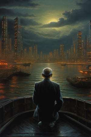 Luis Royo style, acrylic paint and spray paint, 8K, rule of thirds, intricate, dark lighting, Flickr, well focused, atmospheric, dramatic, highly detailed. A photorealistic image inspired by Steven Spielberg's sci-fi style captures a bustling futuristic coastal cityscape at dusk in China.
The scene depicts a middle-aged Chinese man, dressed in a formal suit, sitting alone at the bow of a boat, gazing at the vibrant and bustling streetscape on the pier. The entire image is filled with a sense of loneliness, anxiety, and darkness. The style of the image resembles a movie poster on Netflix, with text expressing the theme of a lonely city.