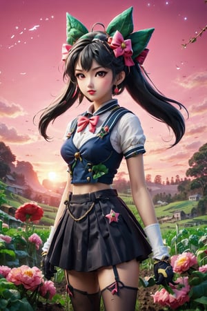 3D anime style, showcasing a vibrant and youthful Chinese woman in her early twenties, characterized by her attractiveness and playful charm. She has a prominent chest and is wearing a skirt, shirt, blond hair, gloves, bow, jewelry, with a closed mouth. The outfit includes a pleated skirt, earrings, sleeveless top, choker, elbow-length gloves, bowtie, and a sailor collar adorned with a star symbol. The scene is slightly blurry, emphasizing her black bow, lips, and red skirt. She embodies a magical girl aesthetic with a tiara and circlet, appearing realistic with star-shaped earrings. In the image, she is depicted working in a field, holding a hoe, with a background of lush green farmland under a pink sunset sky.







