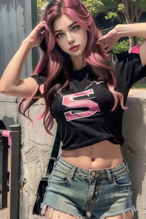(masterpiece, best quality, highres:1.3), ultra resolution image, (1girl), (solo),  28 years old, (long strait hair:1.5), (slanted eyes:1.4) ,Thin nose, Rock style beautiful woman, Lock of pink hair, shorts_jeans, Black t-shirts