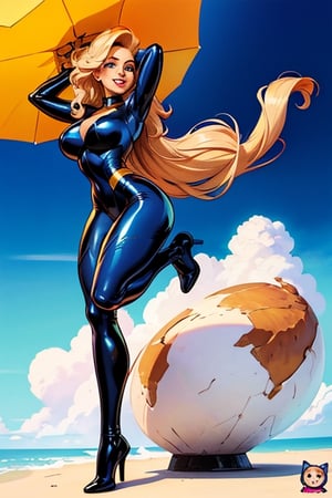 comic page, Full body, a beautiful girl, smile , natalee, blonde hair, blue eyes, flying , latex_suit,comicmay artsyle