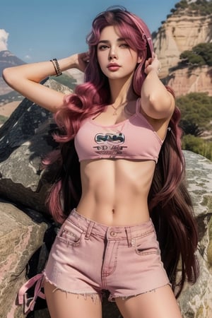 (masterpiece, best quality, highres:1.3), ultra resolution image, (1girl), (solo),  28 years old, (long strait hair:1.5), (slanted eyes:1.4) ,Thin nose, Rock style beautiful woman, Lock of pink hair, shorts
