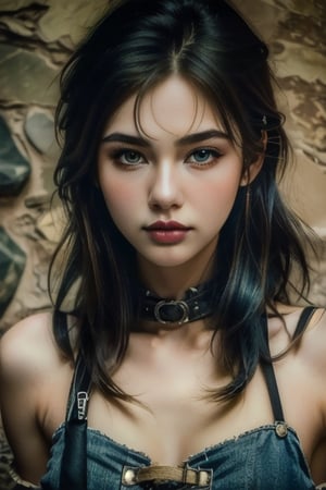 (masterpiece, best quality, highres:1.3), ultra resolution image, (1girl), (solo),  28 years old, (long strait hair:1.8, (slanted eyes:1.9) ,Thin nose, Rock style beautiful woman . Textured, distressed, vintage, edgy, punk rock vibe, noisy