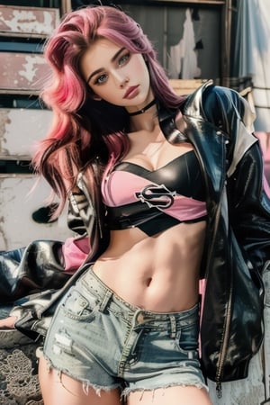 (masterpiece, best quality, highres:1.3), ultra resolution image, (1girl), (solo),  28 years old, (long strait hair:1.5), (slanted eyes:1.4) ,Thin nose, (Thin chin:1.2), Rock style beautiful woman, Lock of pink hair, shorts_jeans, Black t-shirts, leather jacket