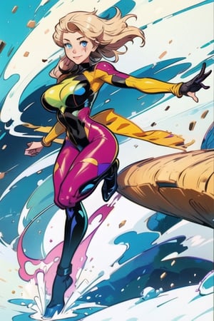 comic page, Full body, a beautiful girl, smile , natalee, blonde hair, blue eyes, flying , latex_suit,comicmay artsyle