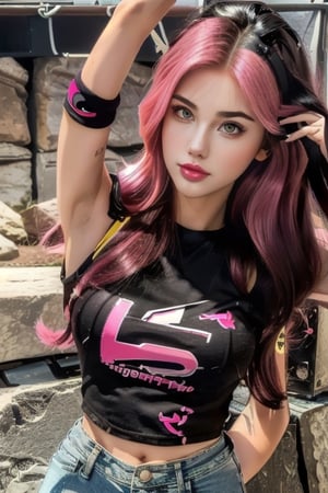 (masterpiece, best quality, highres:1.3), ultra resolution image, (1girl), (solo),  28 years old, (long strait hair:1.5), (slanted eyes:1.4) ,Thin nose, (Thin chin:1.2), Rock style beautiful woman, Lock of pink hair, shorts_jeans, Black t-shirts