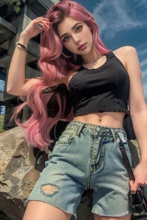 (masterpiece, best quality, highres:1.3), ultra resolution image, (1girl), (solo),  28 years old, (long strait hair:1.5), (slanted eyes:1.4) ,Thin nose, Rock style beautiful woman, Lock of pink hair, shorts_jeans, Black t-shirts