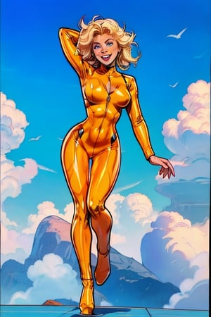 comic page, Full body, a beautiful girl, smile , natalee, blonde hair, blue eyes, flying , latex_suit