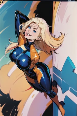 comic page, Full body, a beautiful girl, smile , natalee, blonde hair, blue eyes, flying , latex_suit