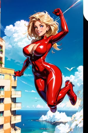comic page, Full body, a beautiful girl, smile , natalee, blonde hair, blue eyes, flying , latex_suit ( Blue, red, white ),comicmay artsyle